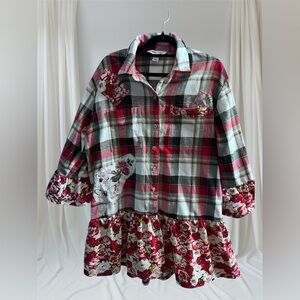 Upcycled Flannel Shirt Dress Tunic Floral Ruffle Hem Patchwork | M
